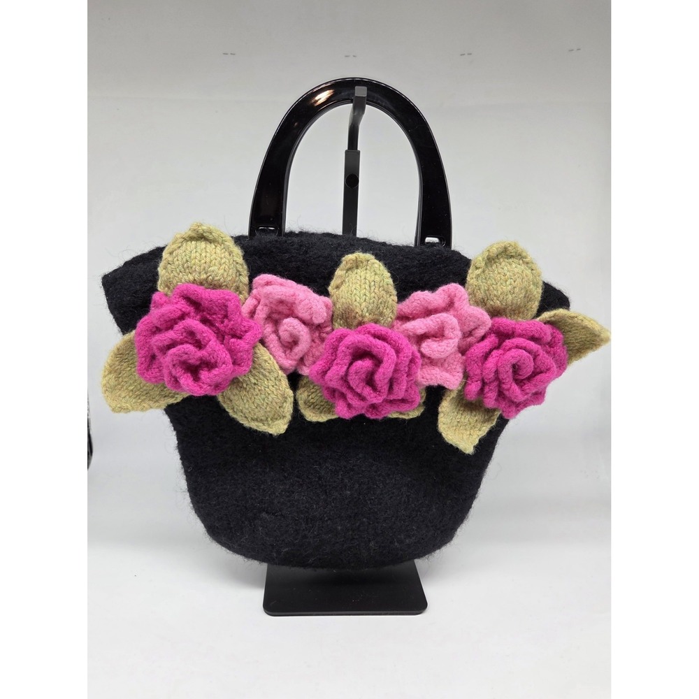 Handmade Felted Black Wool Purse‎ Crocheted Pink Flowers - Unbranded